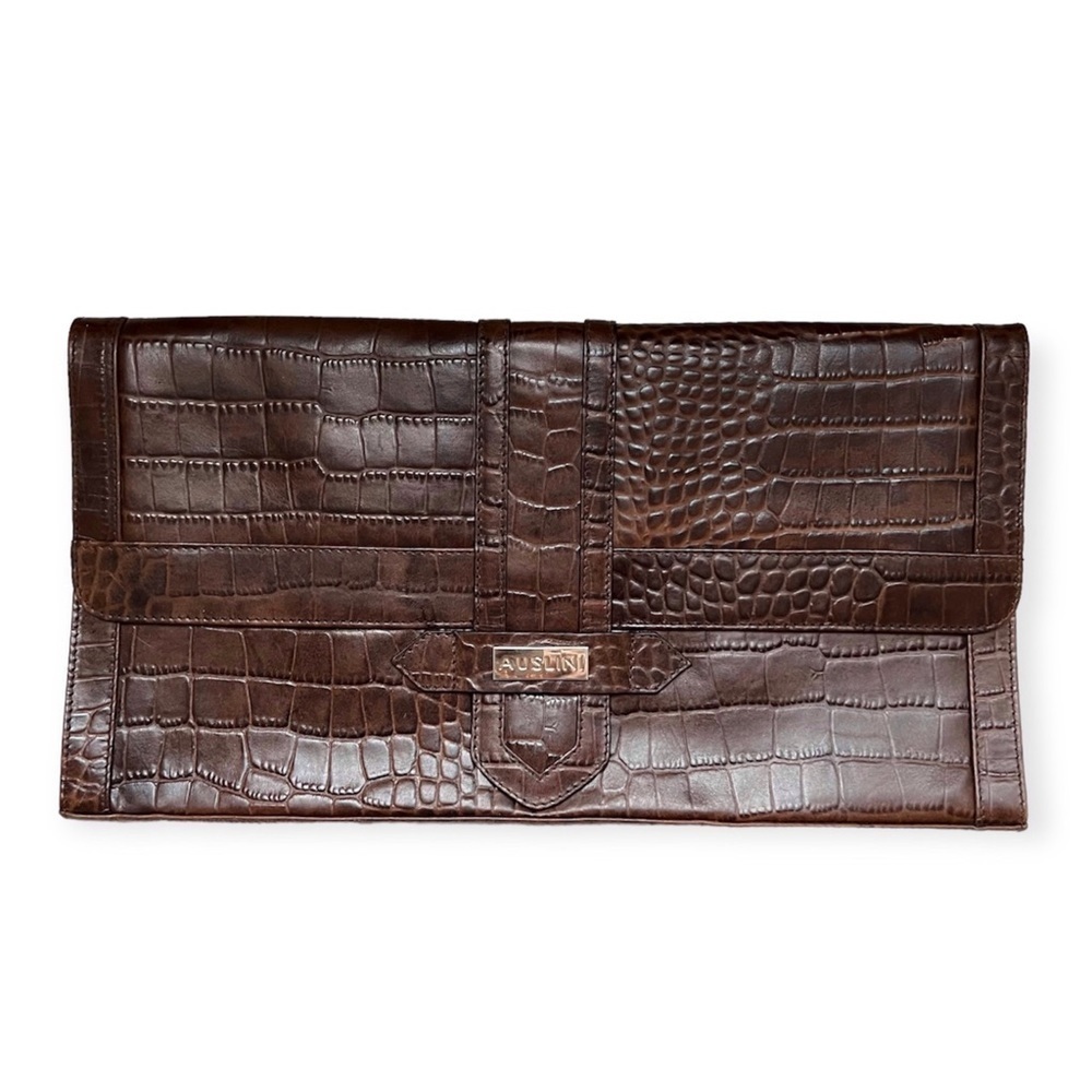 Auslini Brown Crocodile Leather Envelope Clutch